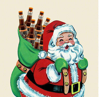 Santa Claus with pack of beer bottles